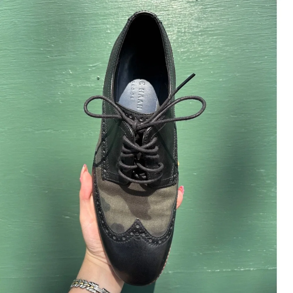 Cole Haan Grand.OS Mens Black Leather Camo Canvas Wingtip Oxford Shoes C23769 9